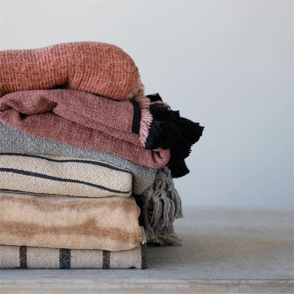 Woven Recycled Cotton Blend Throw, Black and Cream Stripes